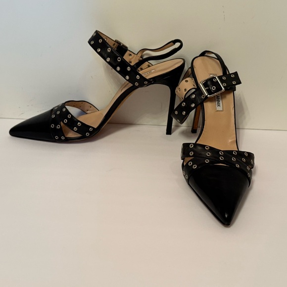 MANOLO BLAHNIK SHOES HIGH HEELS BLACK LEATHER GROMMETS ANKLE STRAPS SIZE 41 11 - Picture 3 of 14